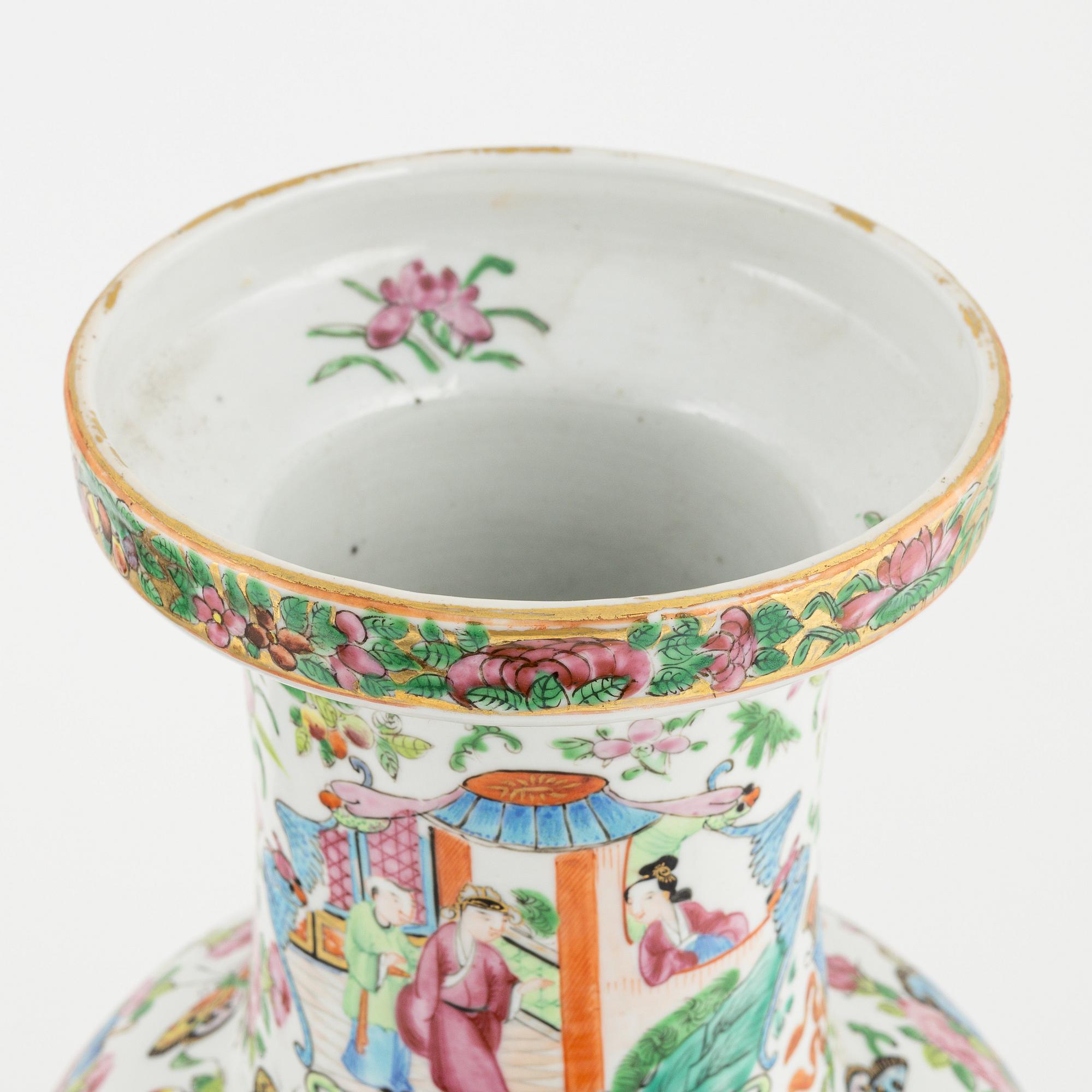 A famille rose porcelain vase, Kanton, and a porcelain urn, China, end of the 19th century.