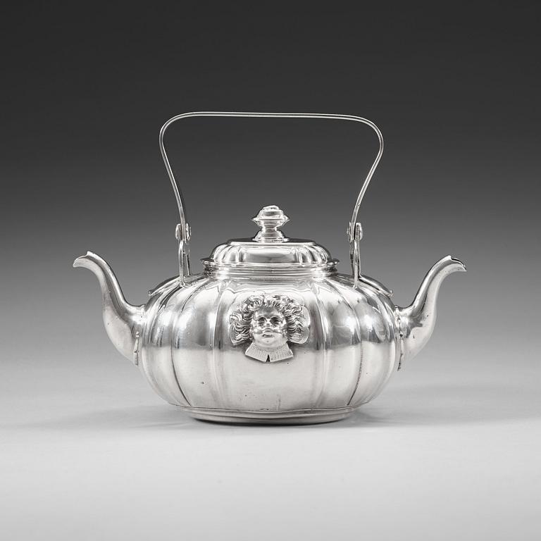 A Swedish 18th century silver tea-pot with two spouts, marks of Gustaf Stafhell d.ä., Stockholm 1740.