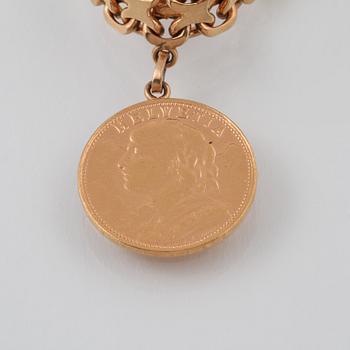 ARMLÄNK SAMT MYNT, Schweiz 20 franc, 18K resp 21,6K guld. Vikt 37,8 gram.