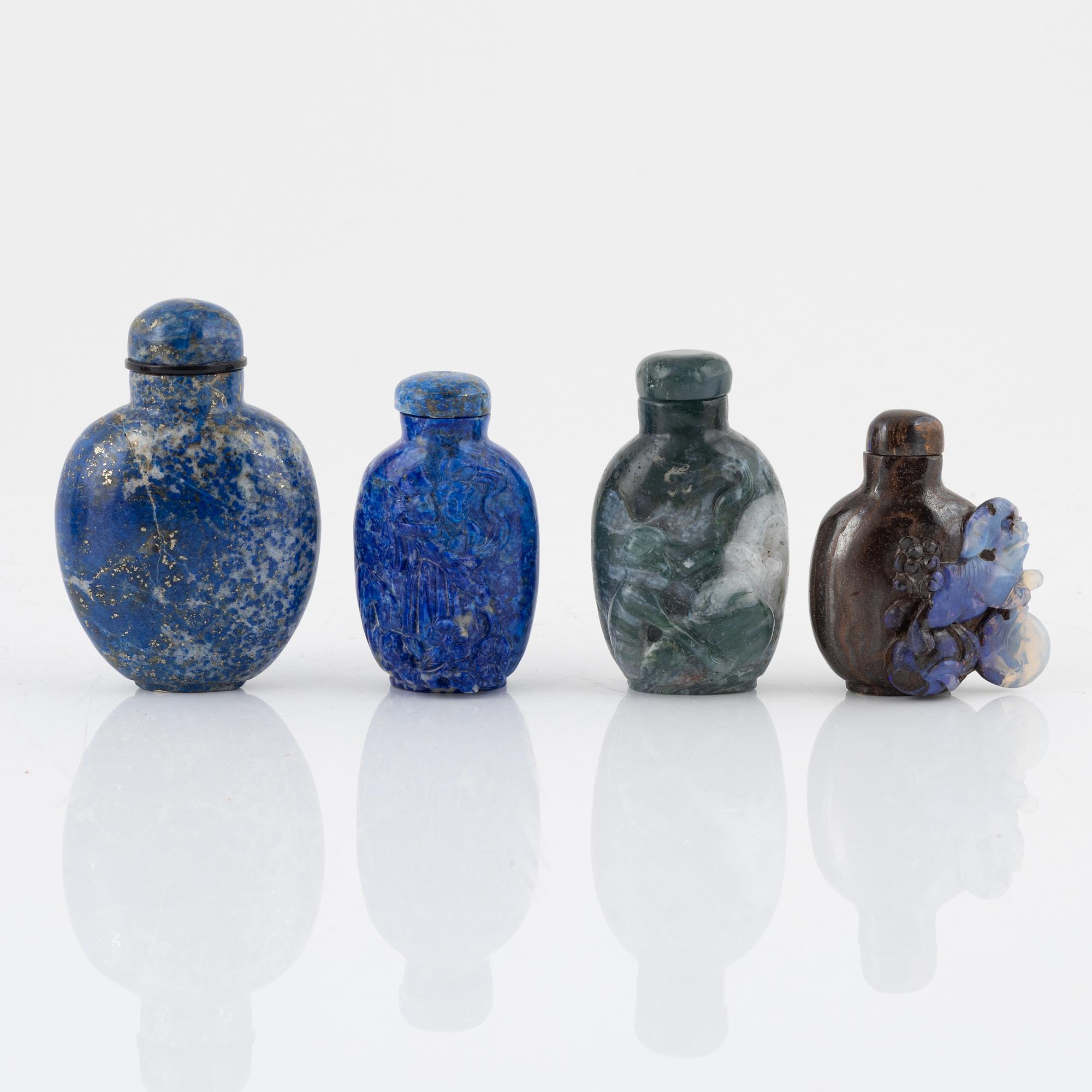 Eight snuff bottles, mottled stone, China, 20th century.