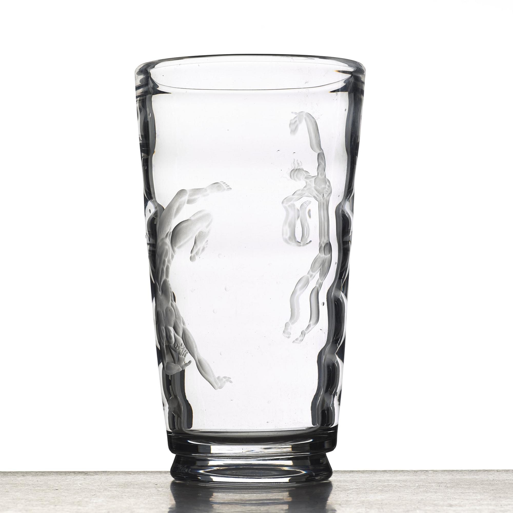 Vicke Lindstrand, an engraved "Pearl fisher" glass vase, Orrefors, Sweden 1956.