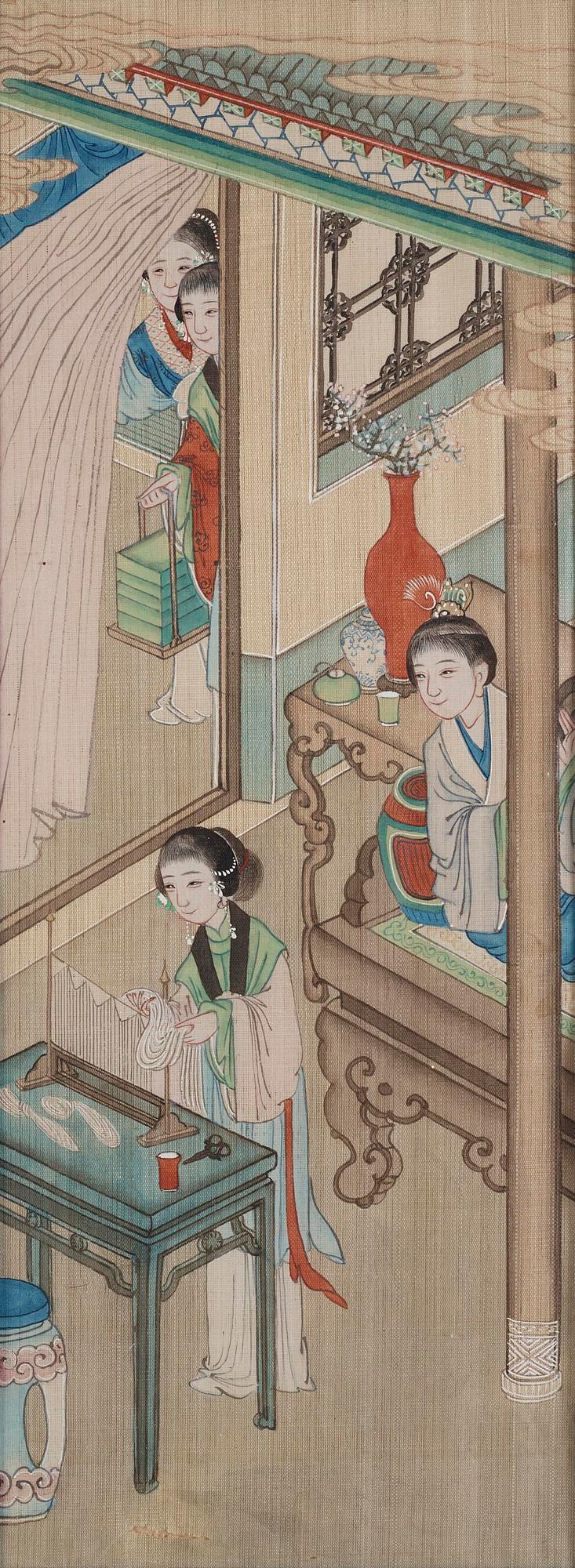 A group of seven Chinese paintings on silk by anonymous artist, Qing dynasty, 19th century.