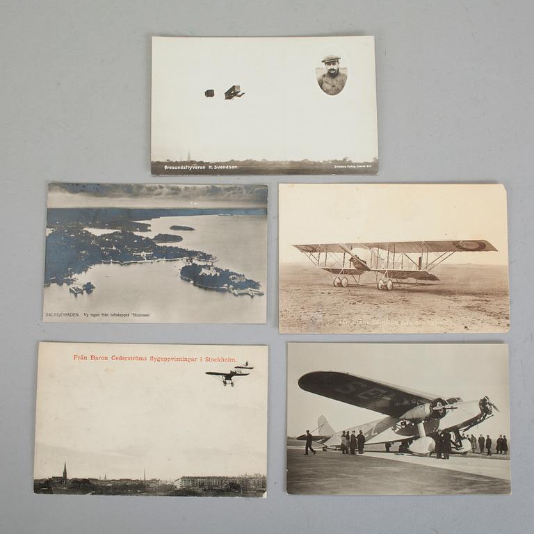 FLYGMEMORABILIA, 8 delar, vykort, flygkartor, tabellaffischer ABA, 1910-tal till 1930-40-tal.