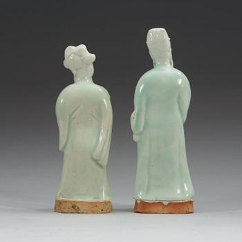 Two celadon glazed figures of daoistic deities, Qing dynasty, 18th Century.