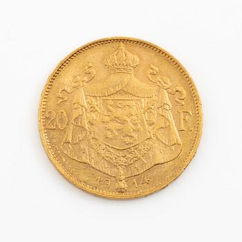 Gold coin, Belgium, Albert, 20 Franc 1914.