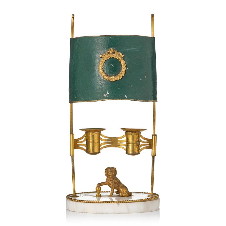 A late Gustavian gilt brass, marble and tole reading lamp, late 18th century.