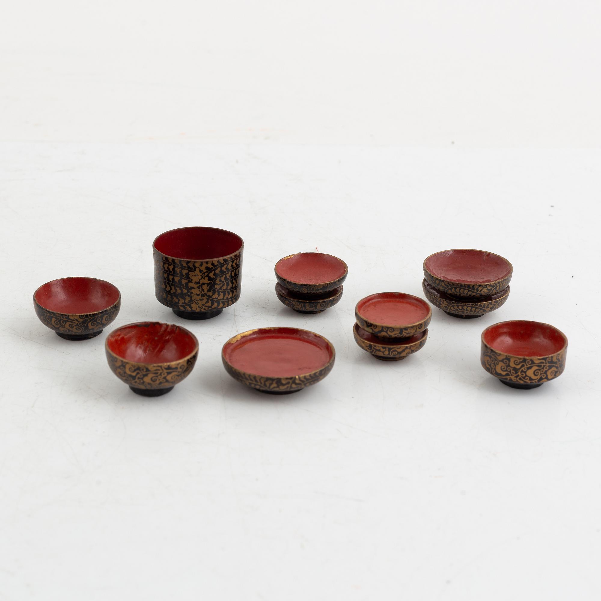 Doll, doll furniture, and table screen, Japan, wood, lacquer and paper, partly Showa, 20th century.