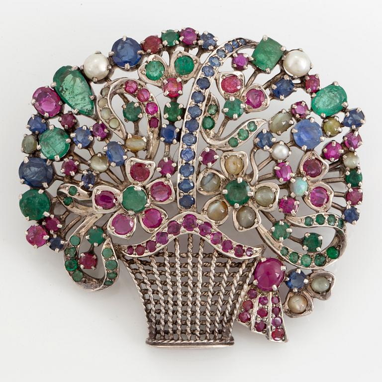 Flower basket brooch, with pearls, rubies, emeralds and sapphire.