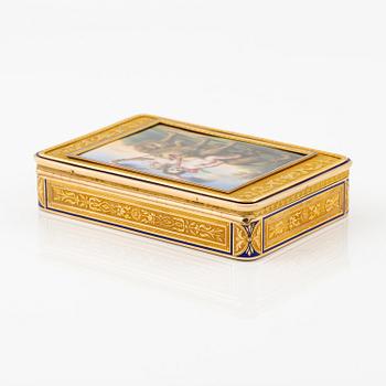 A probably Swiss 19th century two colour gold snuff box with enamel, unidentified maker's mark.