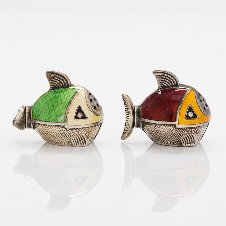 A pair of enamelled sterling silver salt- and pepper shakers, SNM, Norway.