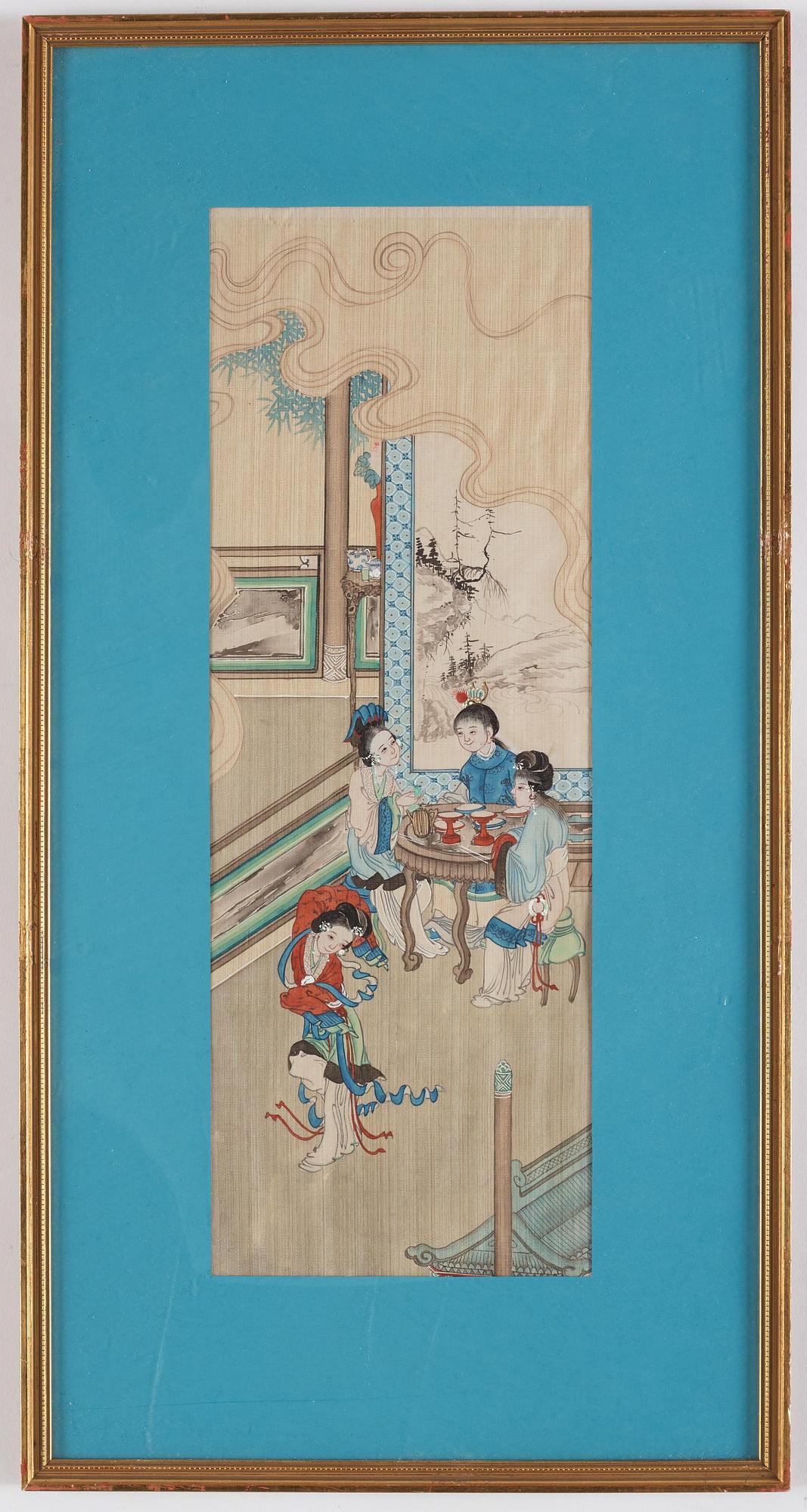 A group of seven Chinese paintings on silk by anonymous artist, Qing dynasty, 19th century.