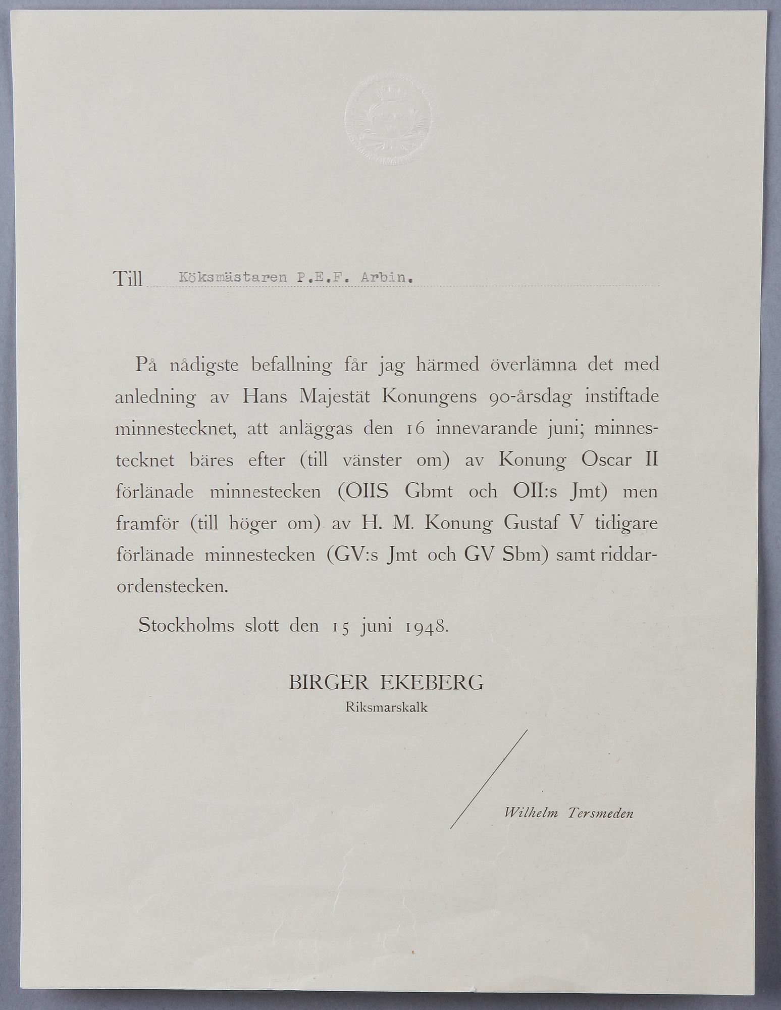 MEDALJ, silver, Konung Gustaf V:s Jubileumsminnestecken 1948.