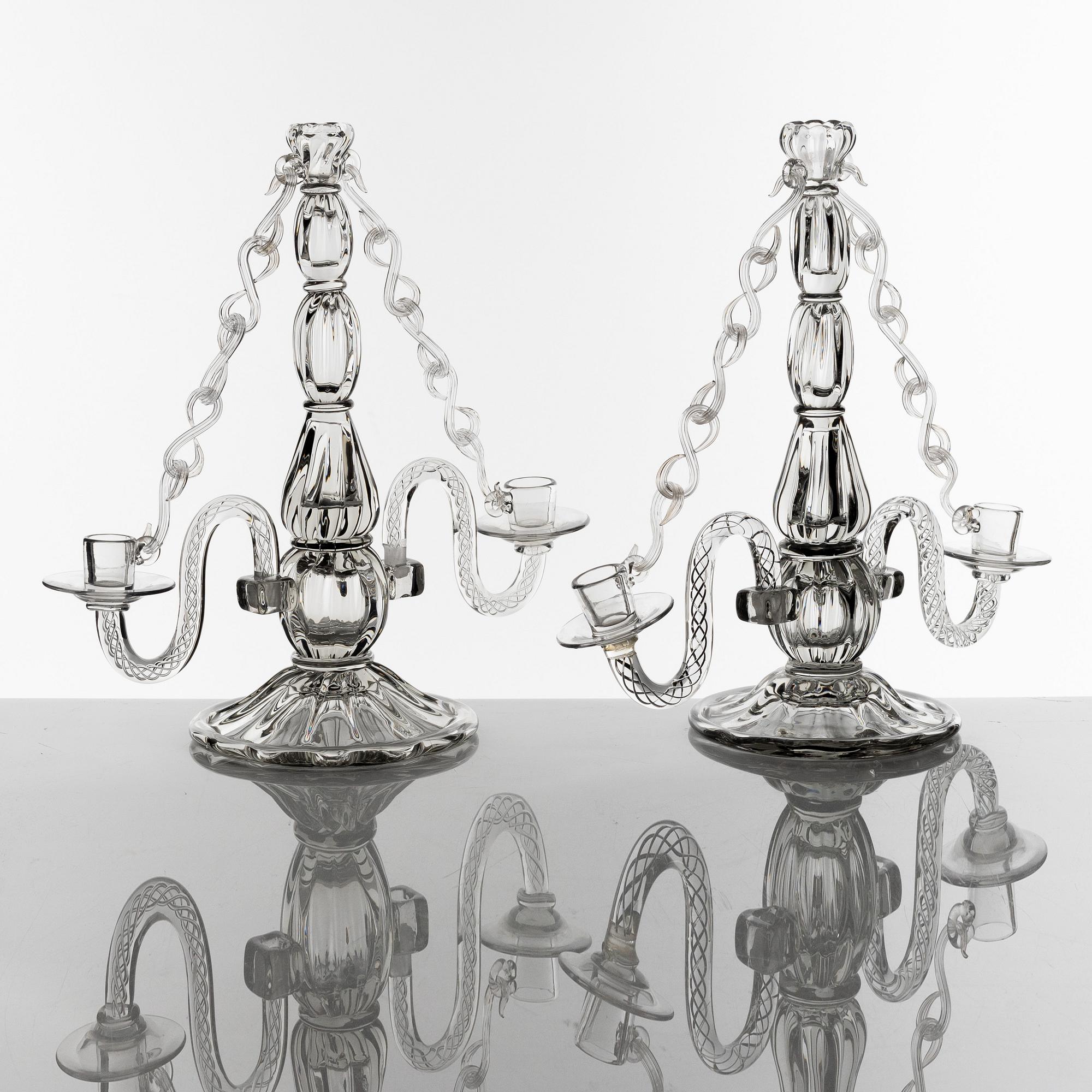 Elis Bergh, kandelabrar, ett par, glas, Strömbergshyttan, 1940-50-tal.