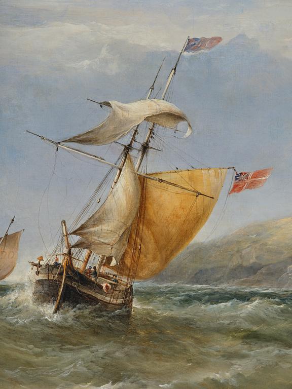 James Edwin Meadows, Sailing boats in rough weather by the coast with a lighthouse.