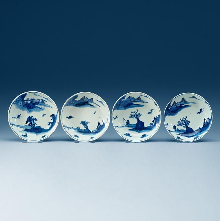 A set of four blue and white bowls with a continuous story, Transition, 17th Century.