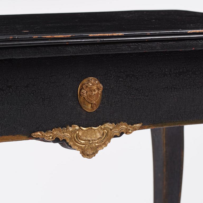 A japanned and gilt-brass mounted table attributed to L- Nordin, Stockholm, later part of the 18th century.