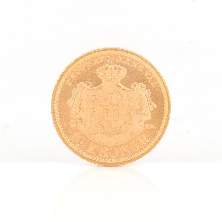 GULDMYNT, 10 kronor, Oscar II av Sverige och Norge 1894. Vikt ca 4,5 gram.