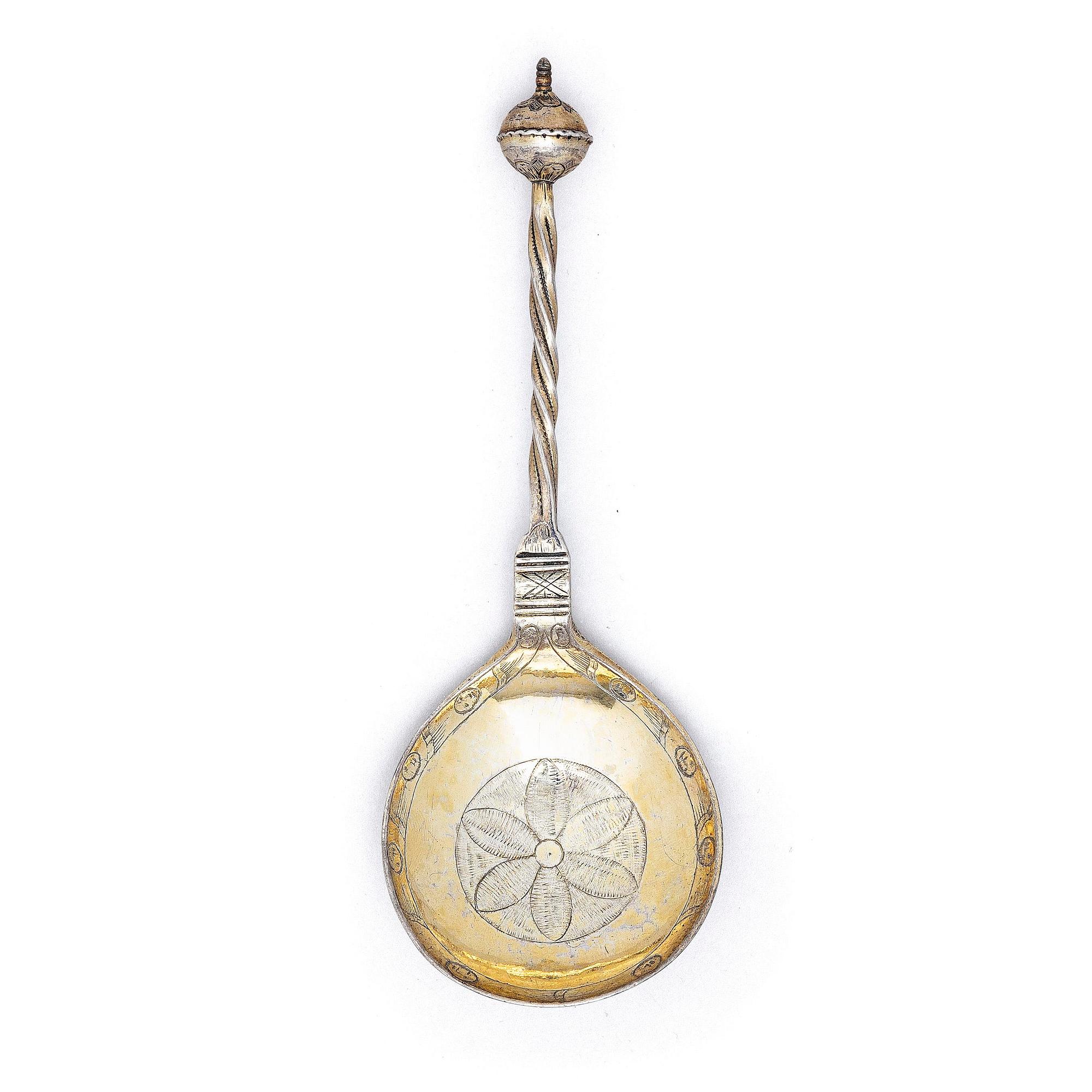 A Scandinavian late 17th/early 18th century parcel-gilt silver wedding-spoon, unmarked.