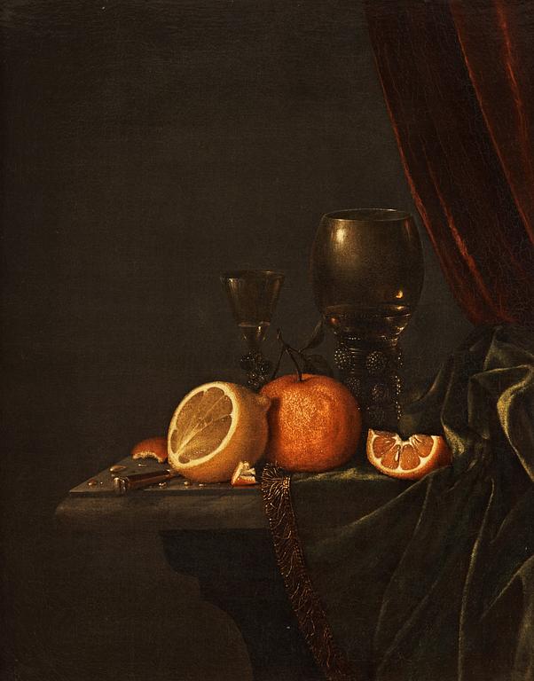 Pieter Elinga Janssens Attributed to, Still Life of a Roemer, lemon and orange.