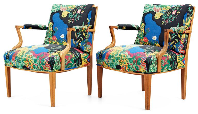 A pait of Josef Frank mahogany and rattan armchairs, Svenskt Tenn,