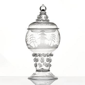 A lidded and engraved roemer from Kungsholms glasbruk, first part of the 18th century.