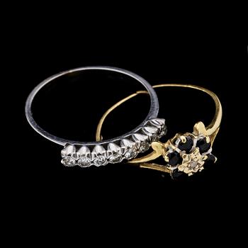 RINGAR, 2 st, 18k vitguld med 8 briljantslipade diamanter, tot 0.20 ct resp 18k guld med 6 safirer samt en diamant. 5 g.