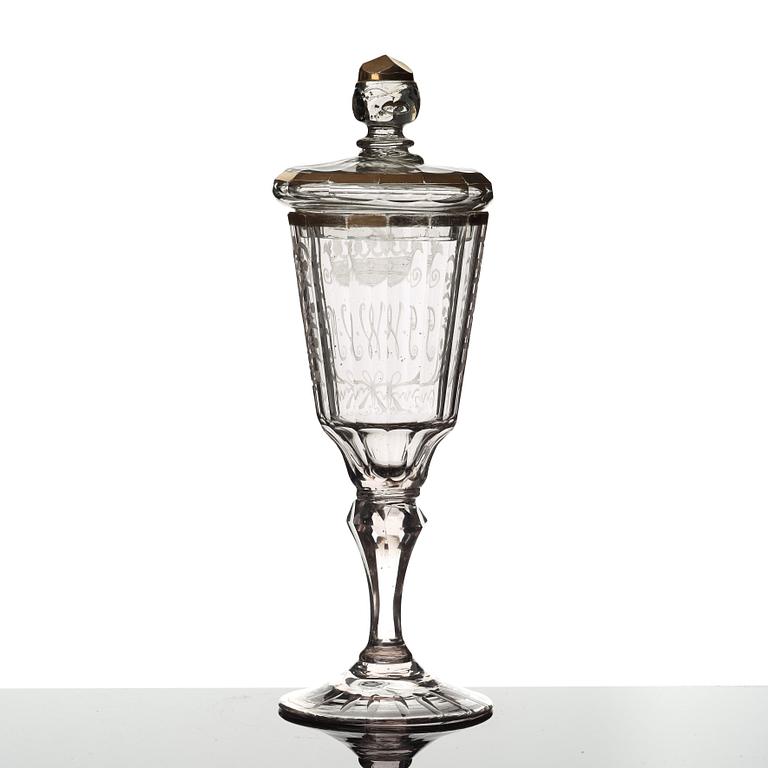 A Geman cut glass goblet with cover, 18th Century.