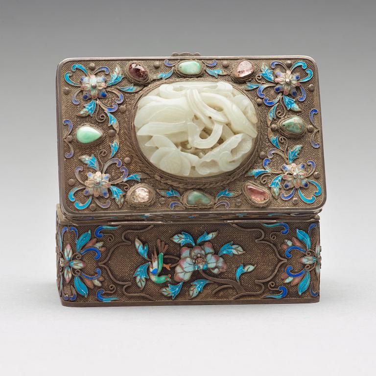 A silvered and enamelled box with cover with stone inlay, China, early 20th Century.