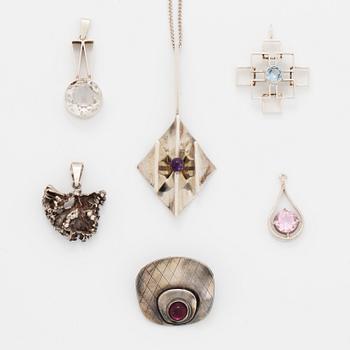 Five pendants and one brooch, silver.