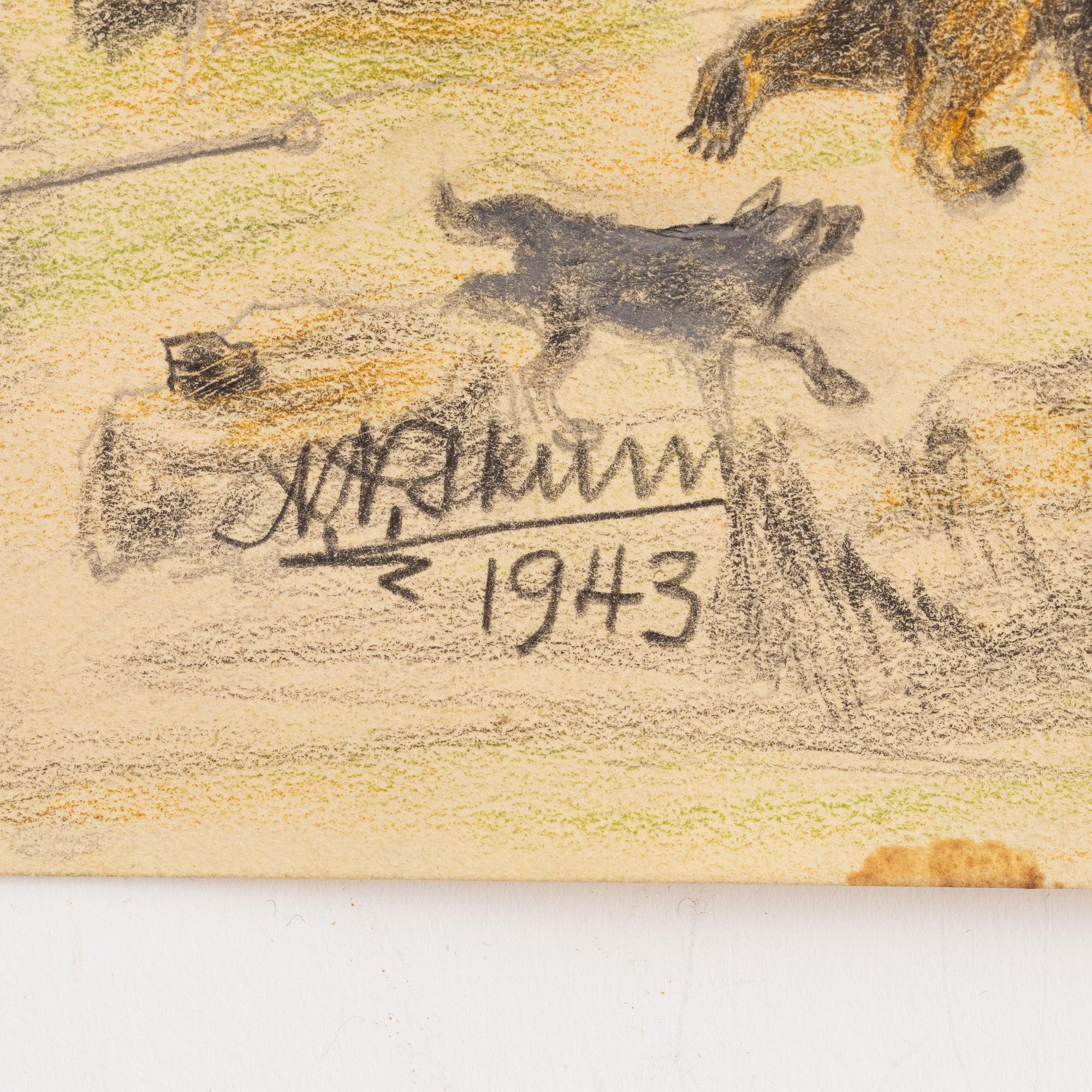 Nils Nilsson Skum, krit- och blyertsteckning, signerad och daterad 1943.