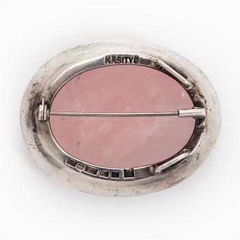 Pendant / brooch, cabochon cut rose quartz, silver, Kaunis Koru, Helsinki 1961.