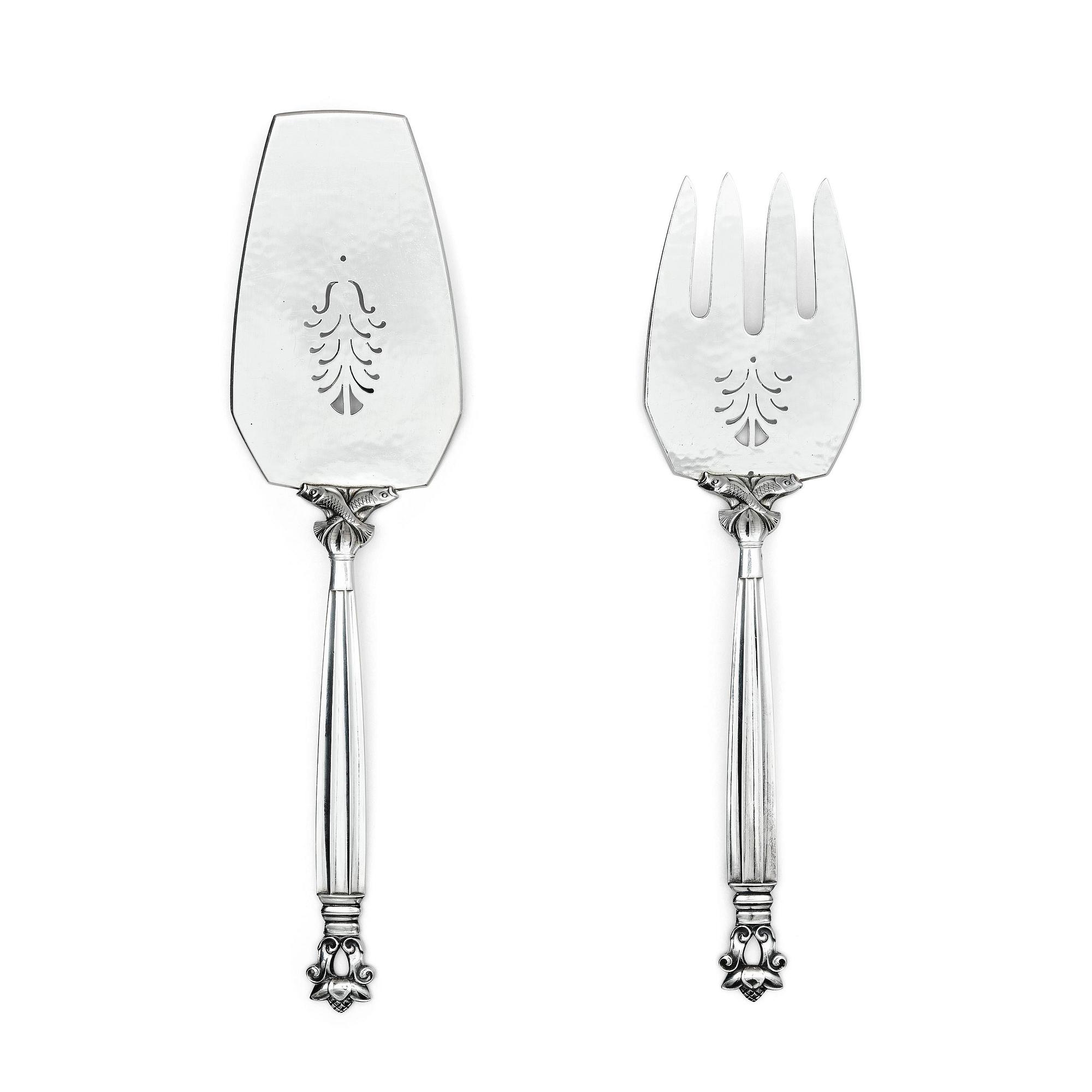 Georg Jensen, serveringsbestick för fisk, 2 delar, "Konge/Acorn", sterling silver, design Johan Rohde, Köpenhamn 1919-1927.