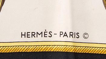 A set of two Hermès silk scarfs.  "Les Voitures a Transformation" och "Les Bècanes".