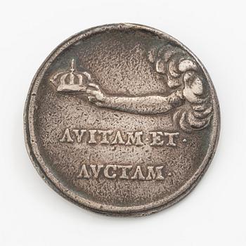 Kastpenning, Drottning Kristinas kröning 1650, av Erich Parise (medaljgravör under 1600-talets mitt).