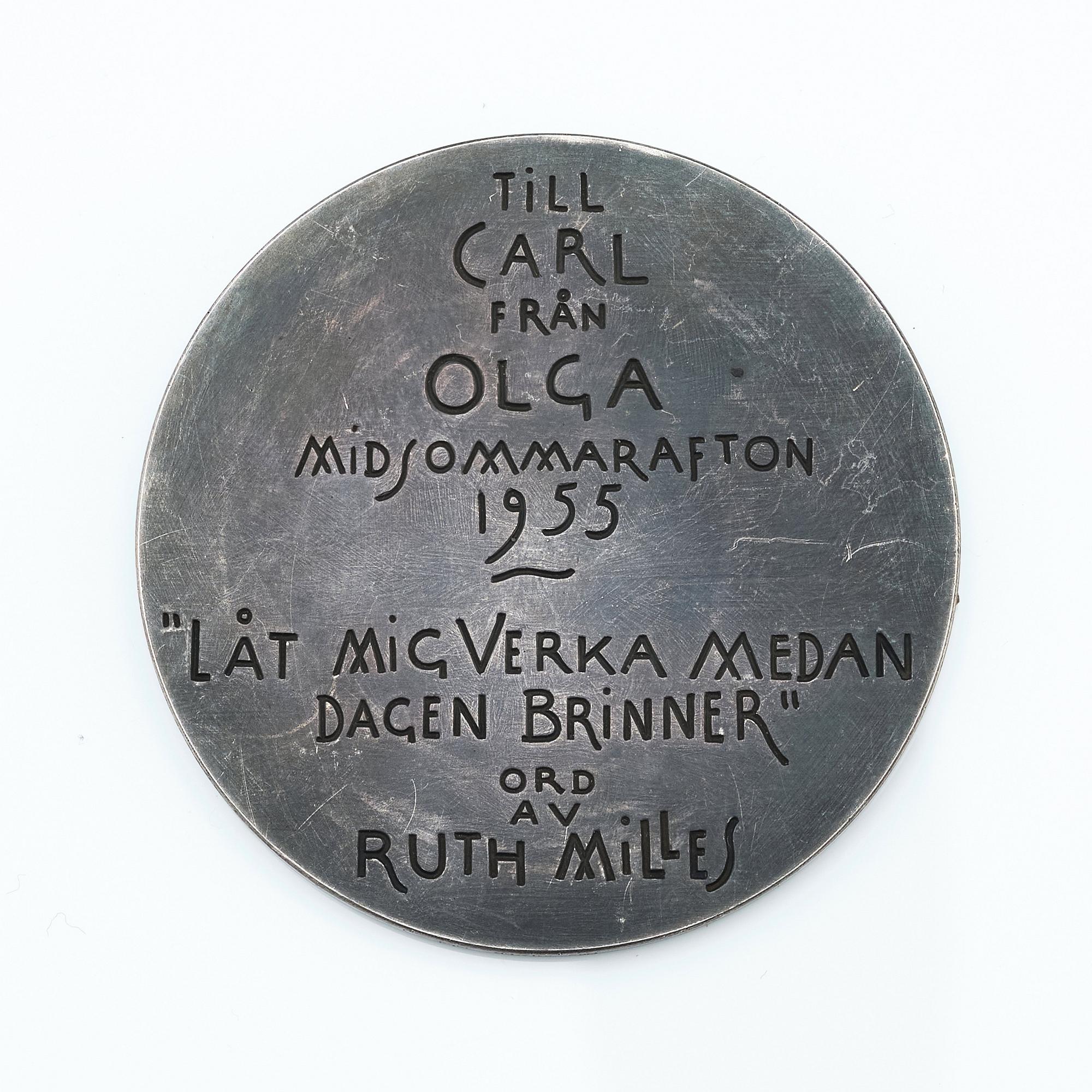 Olga Milles, Portrait medallion in silver depicting Carl Milles.