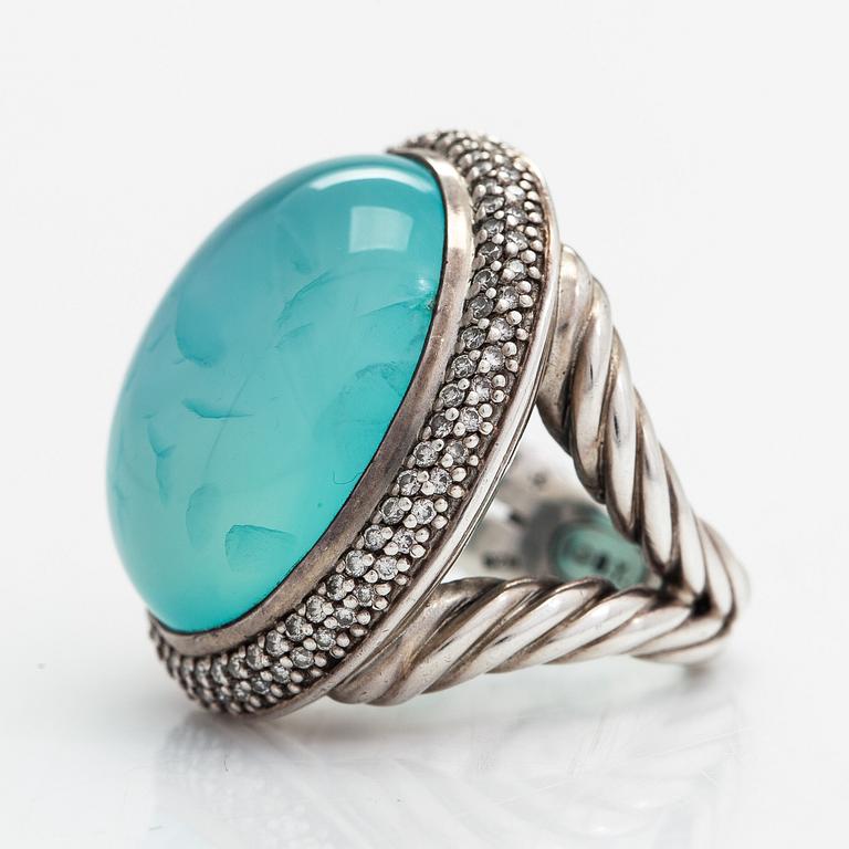 David Yurman, ring, silver, diamanter ca 0.54 ct totalt och kalcedon.