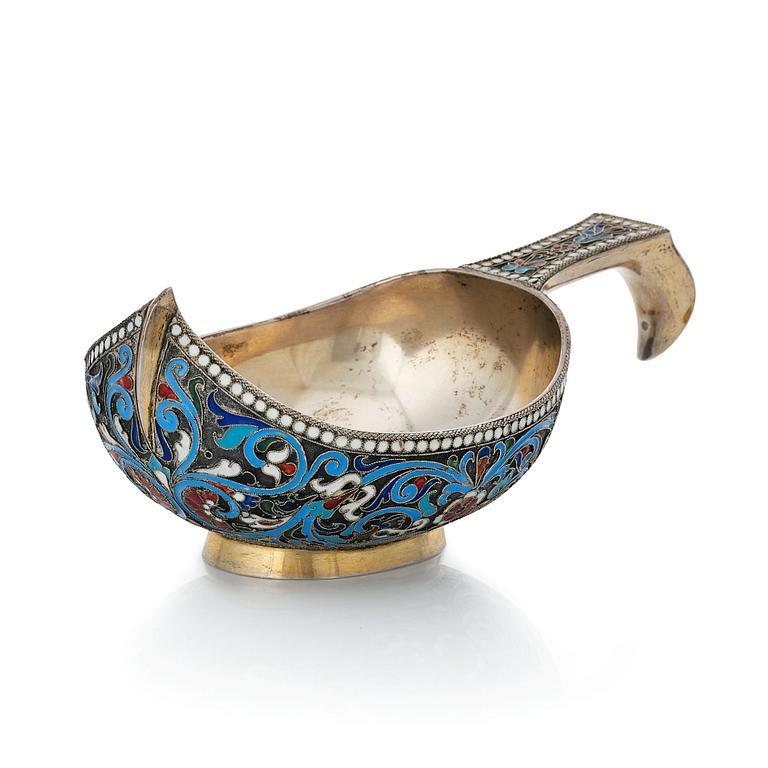 A Russian silver-gilt and cloisonné enameled kovsh, unidentified makers mark, St. Petersburg 1899-1908.