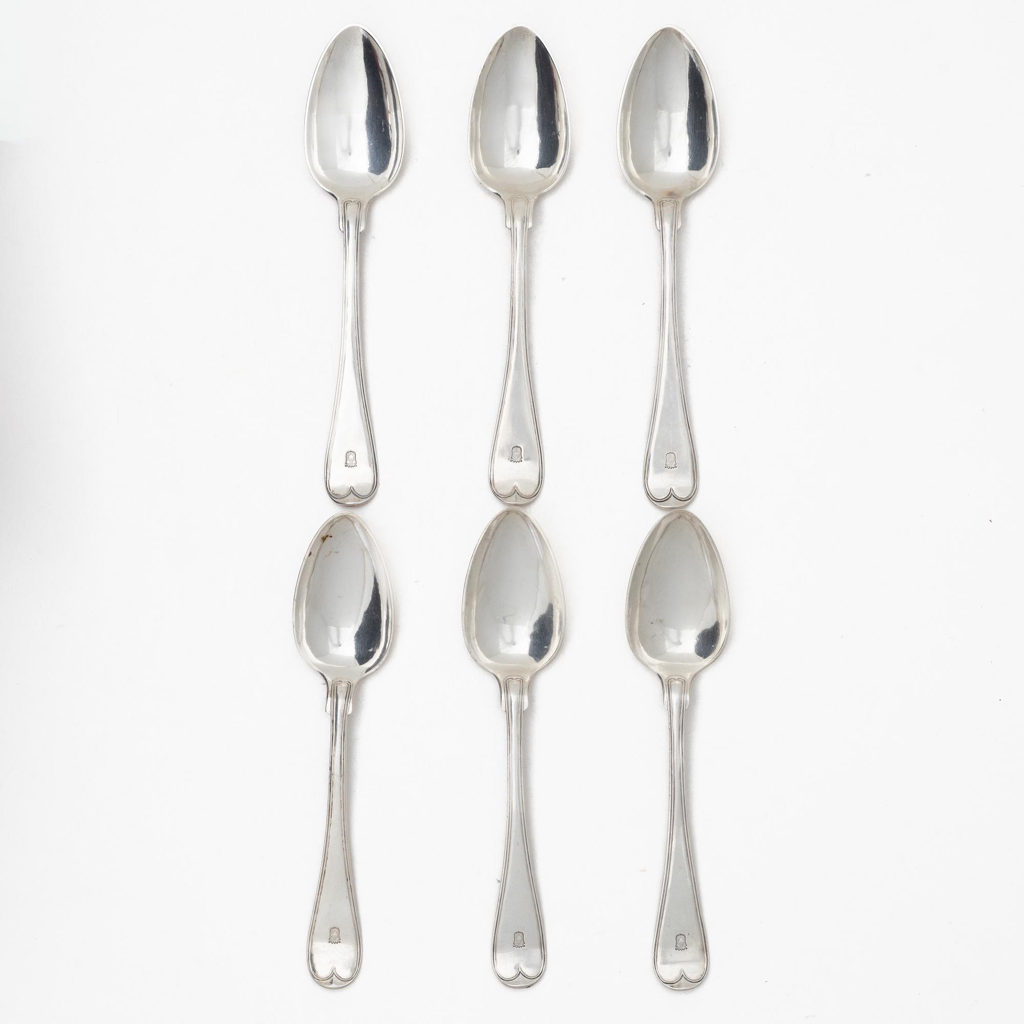 Gustaf Theodor Folcker, Six Swedish silver spoons, mark of Gustaf Theodor Folcker, Stockholm 1863.