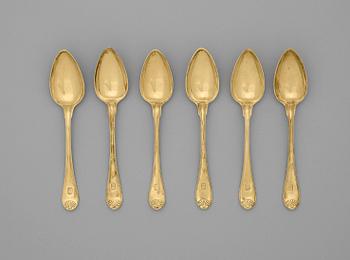 A set of six Swedish silver-gilt dessert spoons, marks of Johan Petter Grönvall, Stockholm 1821-1827.
