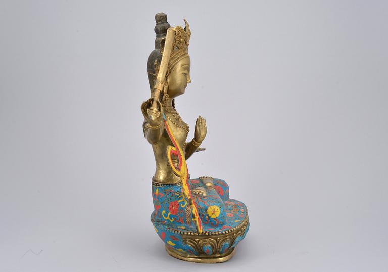 SKULPTUR, Kina, Manjushri, målad brons. 1900-talets andra hälft.