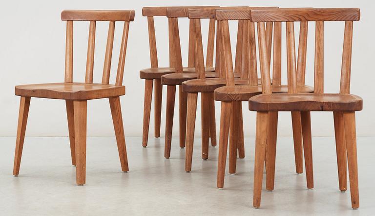 A set of six Axel Einar Hjorth 'Utö' stained pine chairs, Nordiska Kompaniet, NK, Stockholm 1930's.