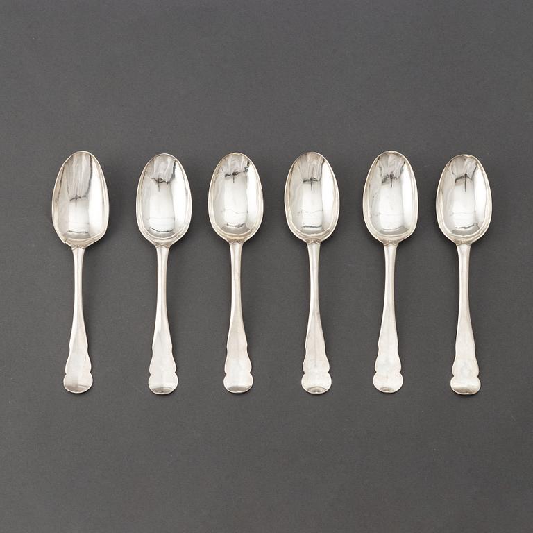 A set of six Swedish 18th century silver dinner-spoons, mark of Johan Leffler, Falun 1773.