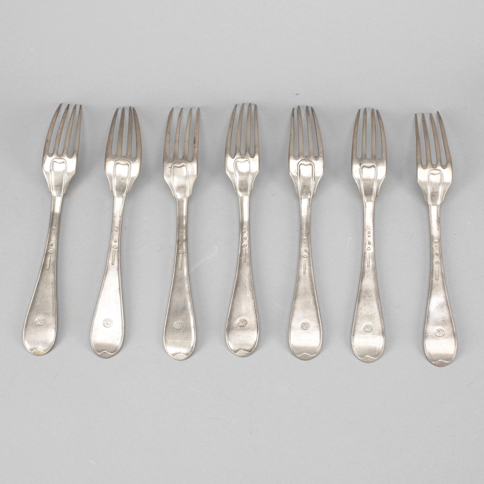GAFFLAR, 7 stycken, silver, Stephan Westerstråhle Stockholm 1811. Total vikt ca 510 gram.