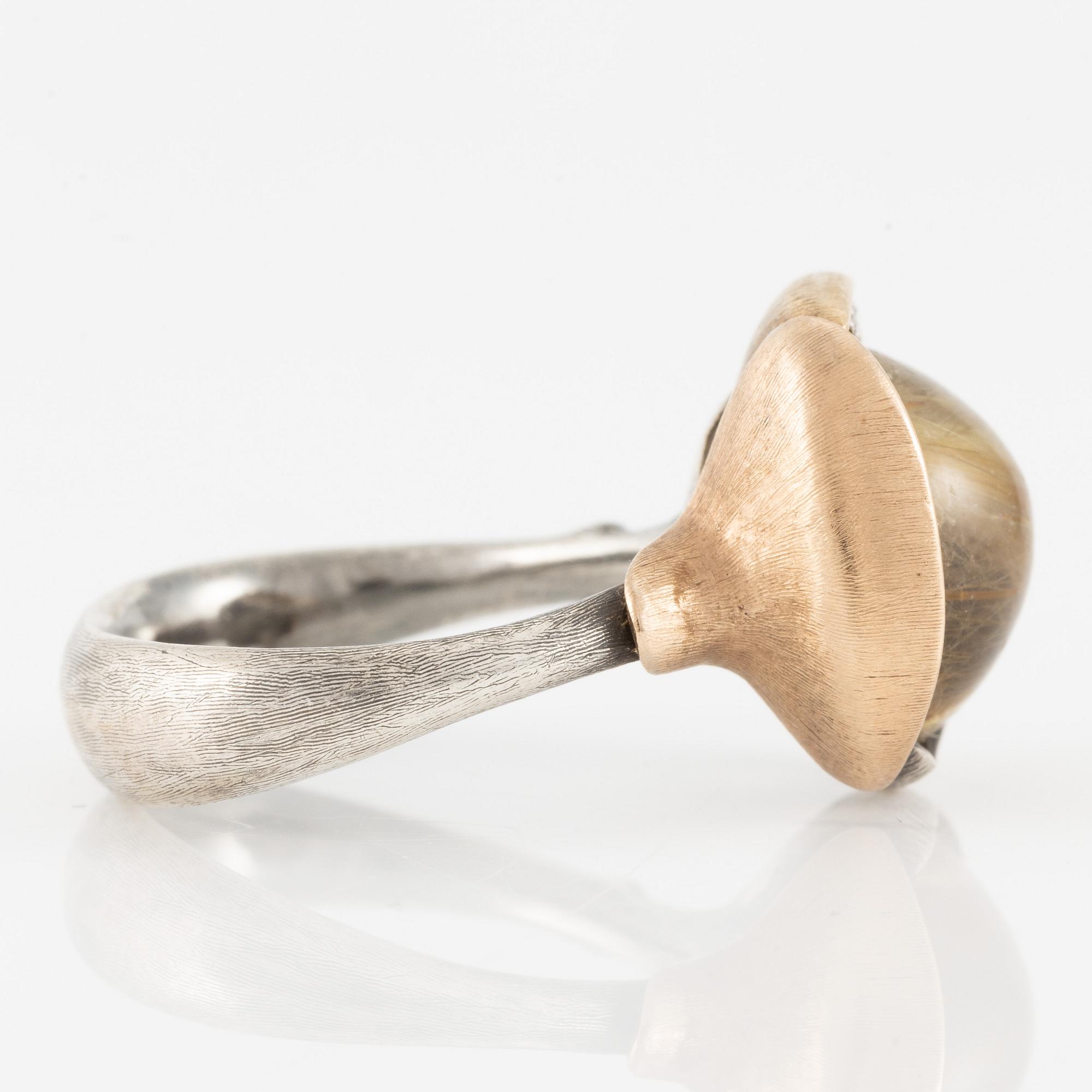 Charlotte Lynggaard, Ole Lyngaard, ring, "Lotus" silver and gilded with rutilated quartz and brilliant-cut diamonds.