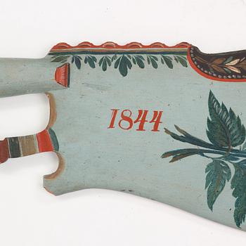 A painted traditional folk art flax knife, attributed to Per Schenler, Norrala, Hälsingland. Dated 1844.