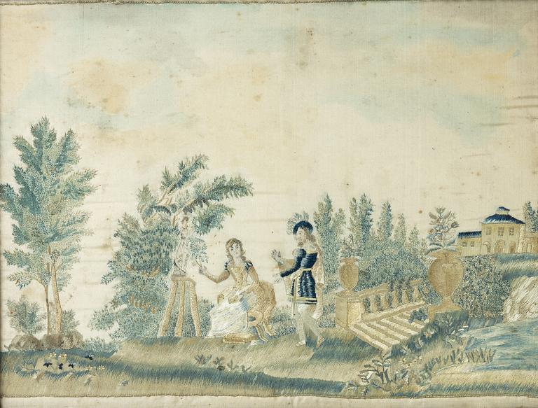 Side embroideries, 2 pcs, of which one is signed, Empire, early 19th century.