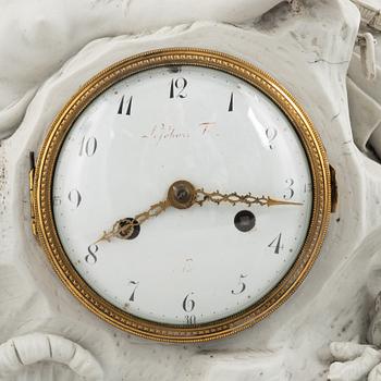 A French Louis XVI bisquit porcelain and ormolu-mounted figural mantel clock, late 18th century.
