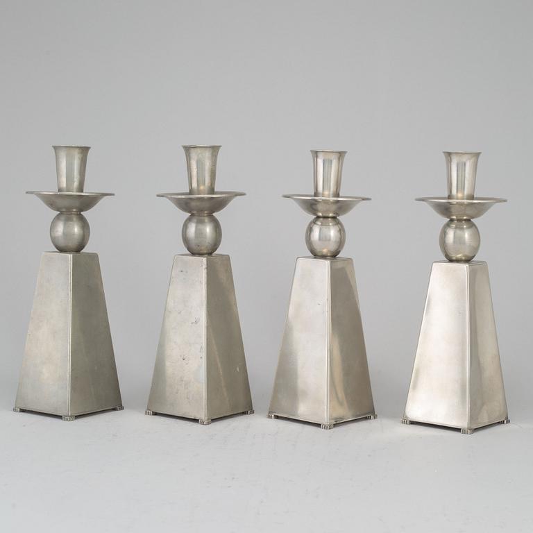 GAB (Guldsmedsaktiebolaget) TENN, a set of four pewter candlesticks, Stockholm 1950's.