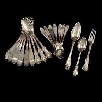 PARTI BESTICK, 19 st, silver, 1800-tal. Vikt 1090 g.