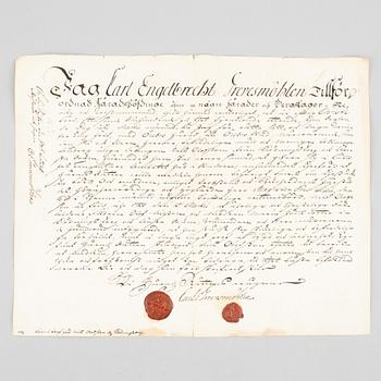 Handskrift (1748) med två fina vaxsigill.